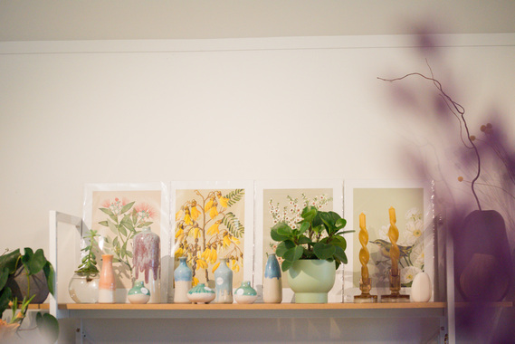 Photo of a shelf with paintings, plants and decoration